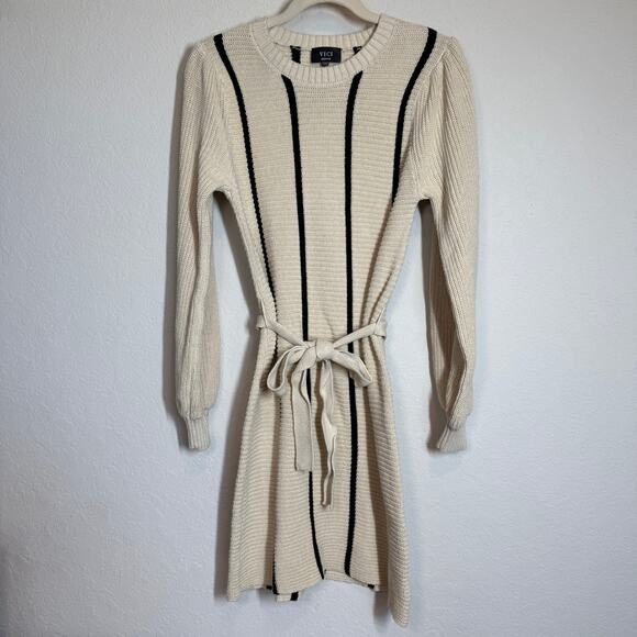 Women's Vici Black and Cream Striped Sweater Dress with Tie Waist Size Medium - Picture 1 of 9